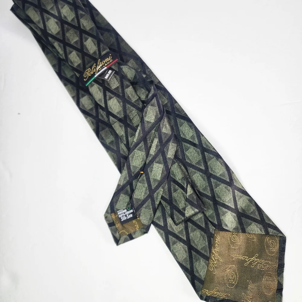 POLIFRONI MILANO Geometric Green and Black Men's Silk Tie.